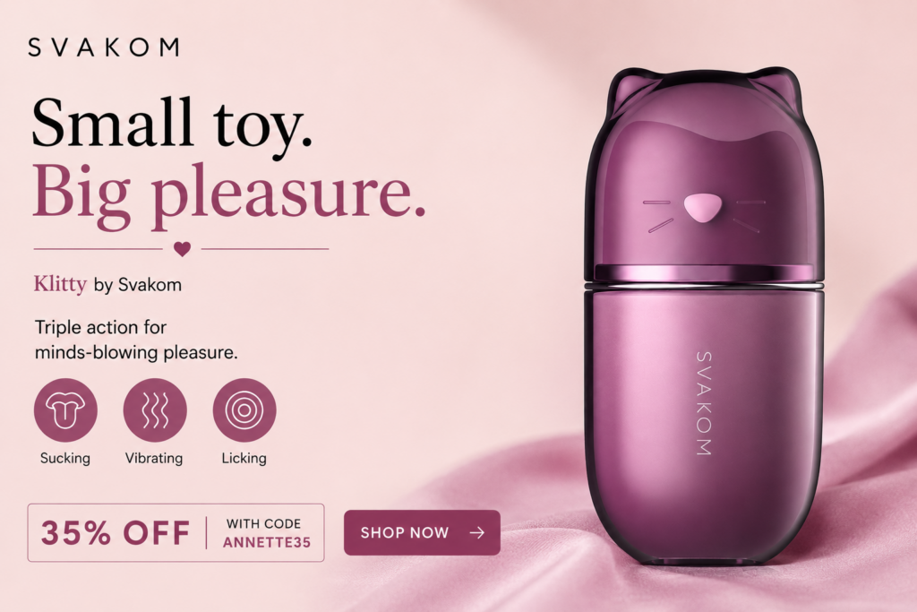Svakom Klitty triple action sucking, vibrating, licking sex toy on light pink background 35% off with code ANNETTE35