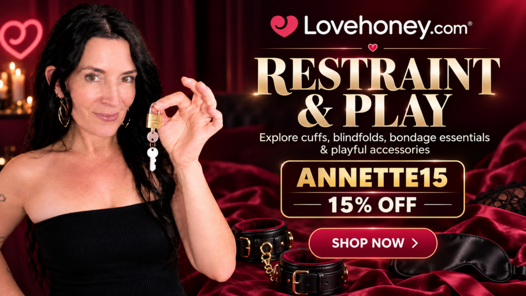 Annette benedetti holding a male chastity key for Lovehoney.com restraint and play bondage essentials, sex toys for 15% off with code ANNETTE15