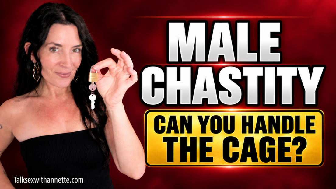 Annette Benedetti holding a chastity cock cage key explaining how to try male chastity for beginners on Talk Sex with Annette